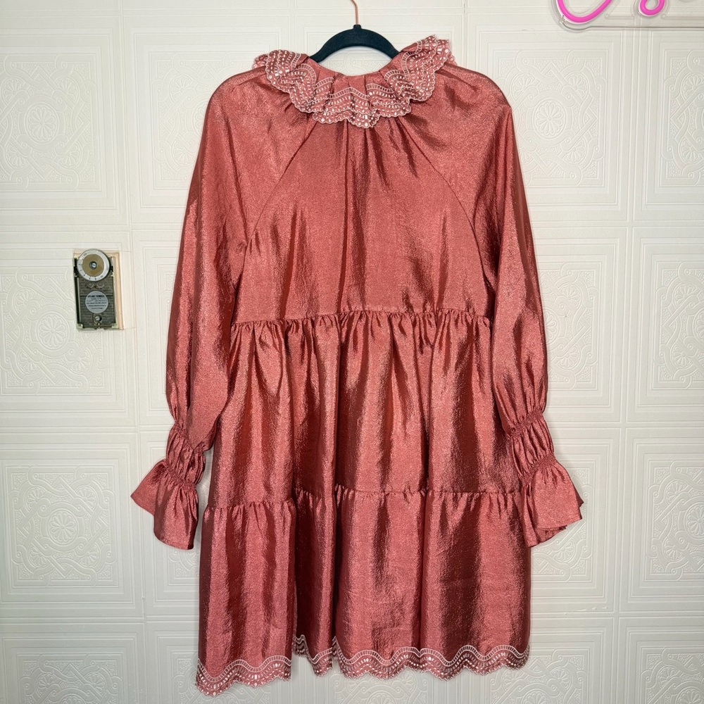 Stine Goya Daki Tiered Long Sleeve Hammered Satin Ruffle Dress Medium - Picture 10 of 11